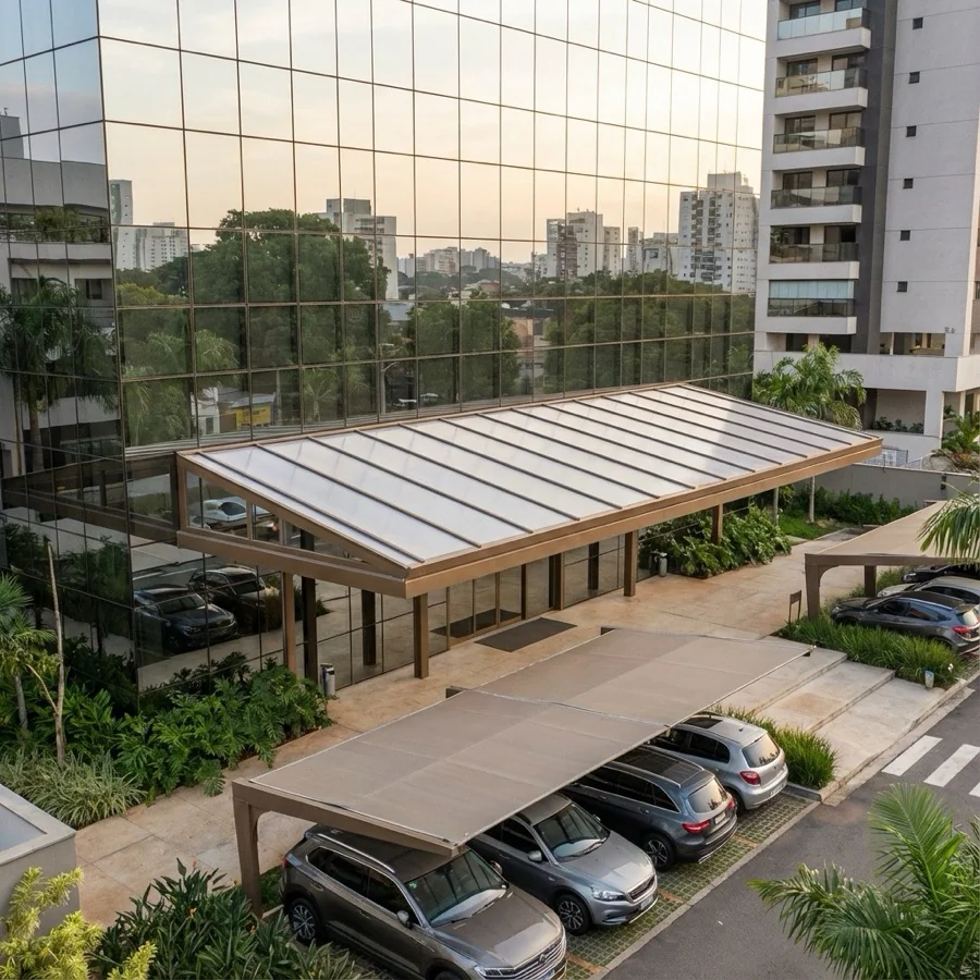 Cobertura de Policarbonato instalada em área externa com proteção UV e estrutura reforçada.