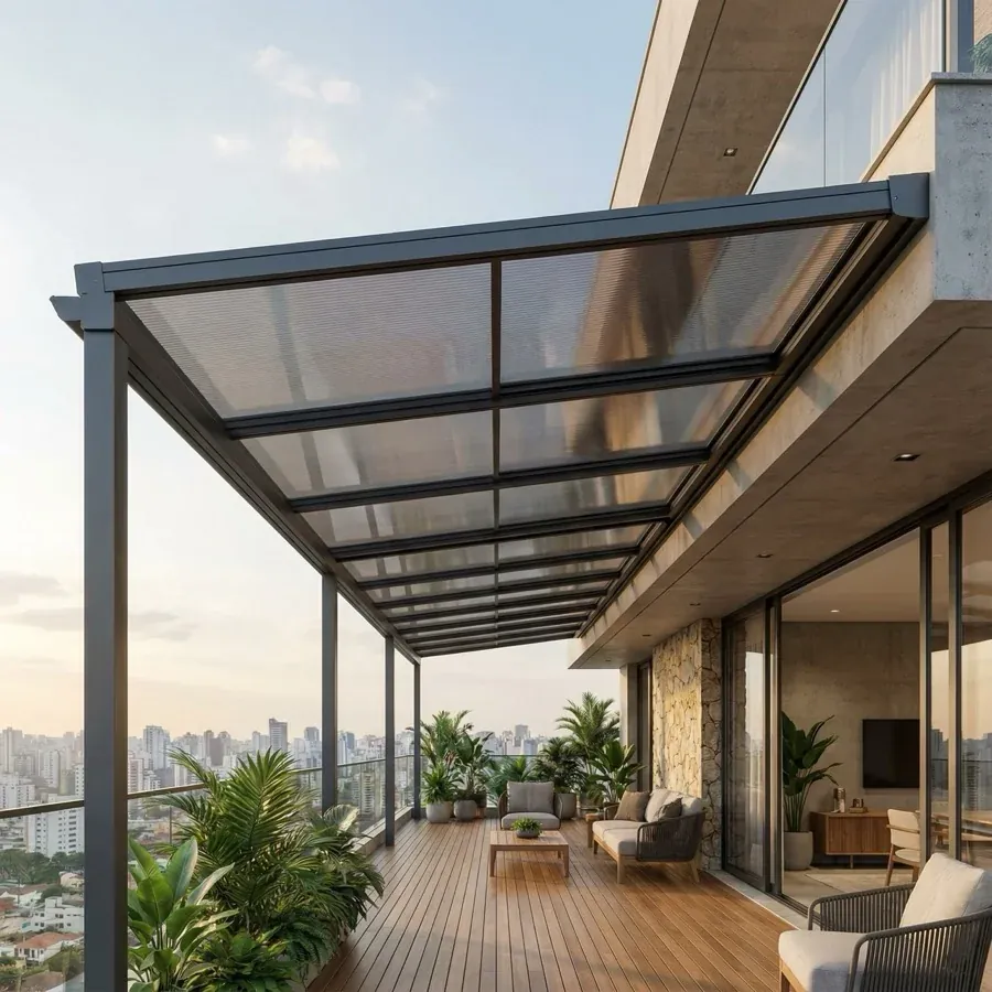 Detalhe de aplicação de Toldo de Policarbonato Compacto