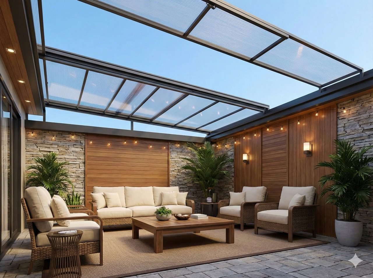 Cobertura Retrátil instalada em área externa com sistema deslizante para controle de sombra e ventilação.