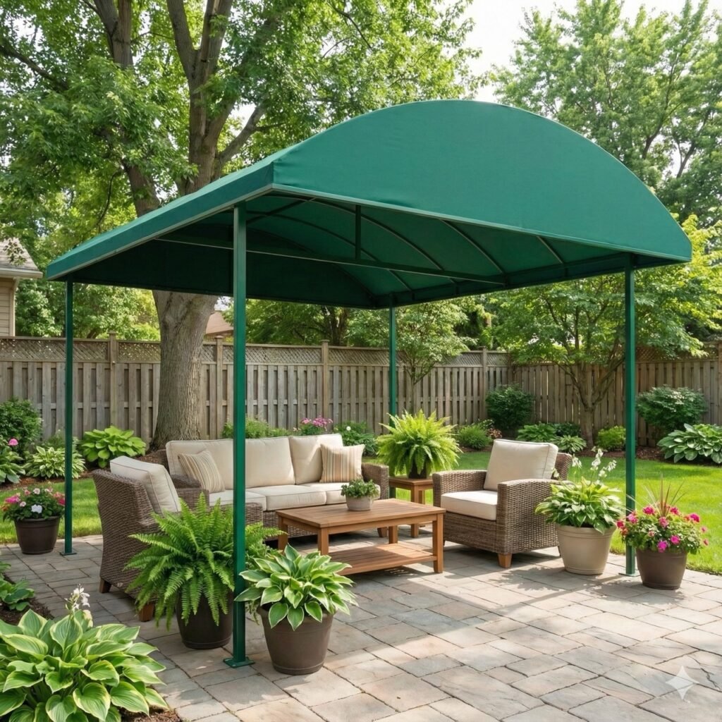 Cobertura de Lona resistente instalada em área externa com proteção contra sol e chuva e estrutura reforçada.