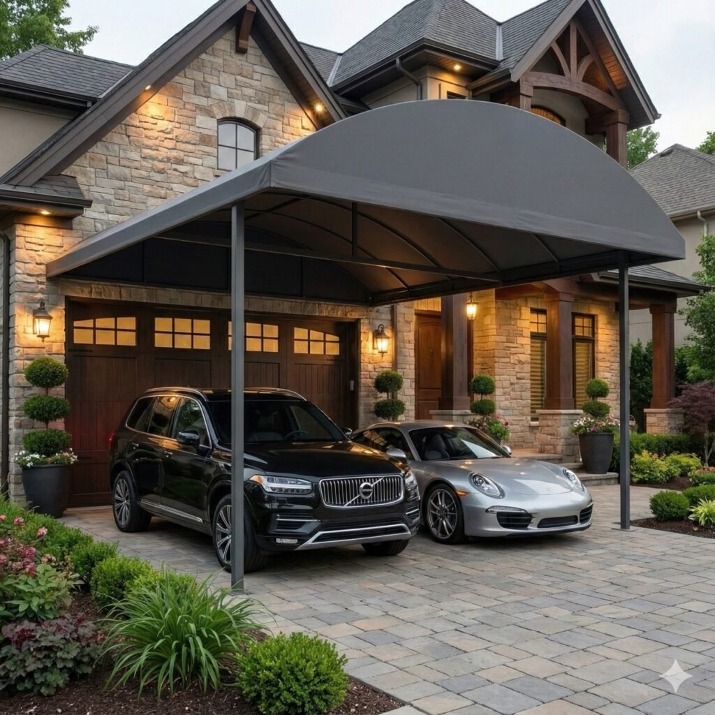 Cobertura de Lona resistente instalada em área externa com proteção contra sol e chuva e estrutura reforçada.