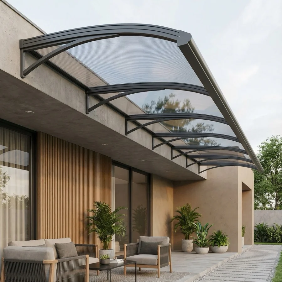 Cobertura de Policarbonato instalada em área externa com proteção UV e estrutura reforçada.