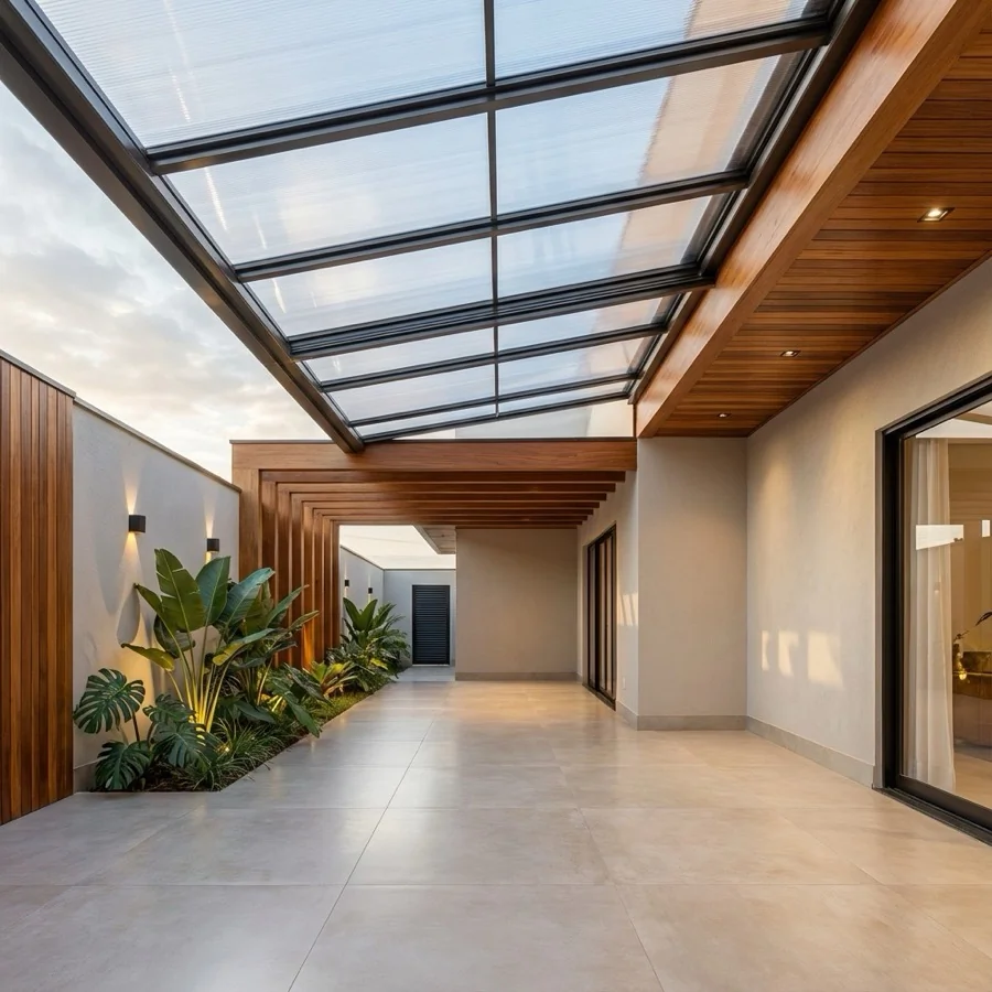 Cobertura de Policarbonato instalada em área externa com proteção UV e estrutura reforçada.