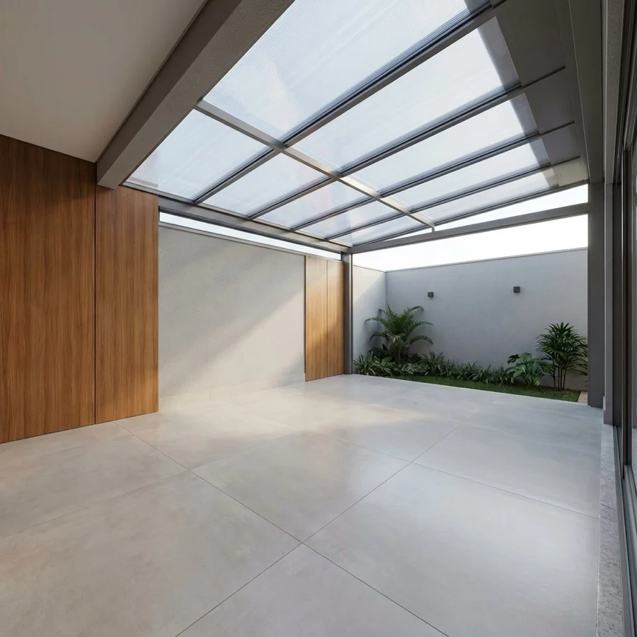 Cobertura de Policarbonato instalada em área externa com proteção UV e estrutura reforçada.