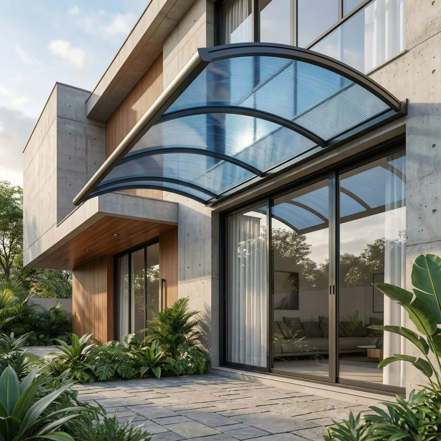 Cobertura de Policarbonato instalada em área externa com proteção UV e estrutura reforçada.