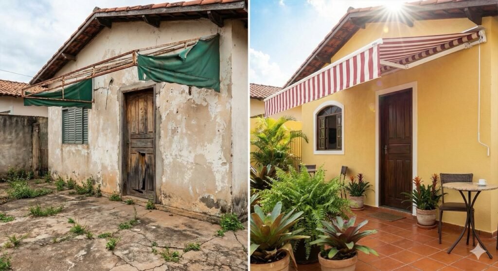 Imagem comparativa dividida verticalmente mostrando o antes e depois de um toldo comercial. No lado esquerdo, um toldo de lona bege antigo, muito sujo, rasgado e com a estrutura enferrujada sob um dia nublado. No lado direito, o mesmo toldo completamente reformado, com lona esticada, limpa, cores vibrantes (listrado ou cor sólida) e estrutura metálica brilhante, sob a luz do sol, valorizando a fachada da loja.