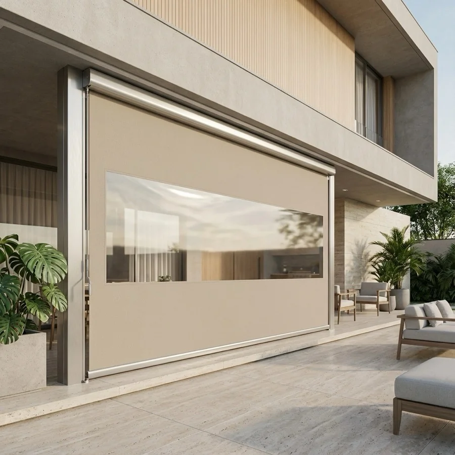 Toldo Cortina vertical instalado em área externa para proteção contra vento, sol e chuva.