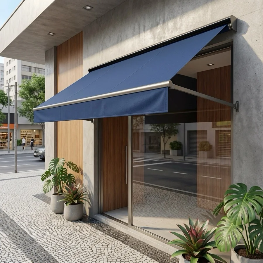 Toldo de Lona instalado em área externa com lona reforçada para proteção contra sol e chuva.