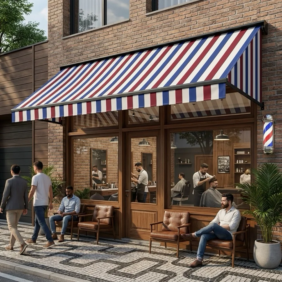 Toldo de Lona instalado em área externa com lona reforçada para proteção contra sol e chuva.