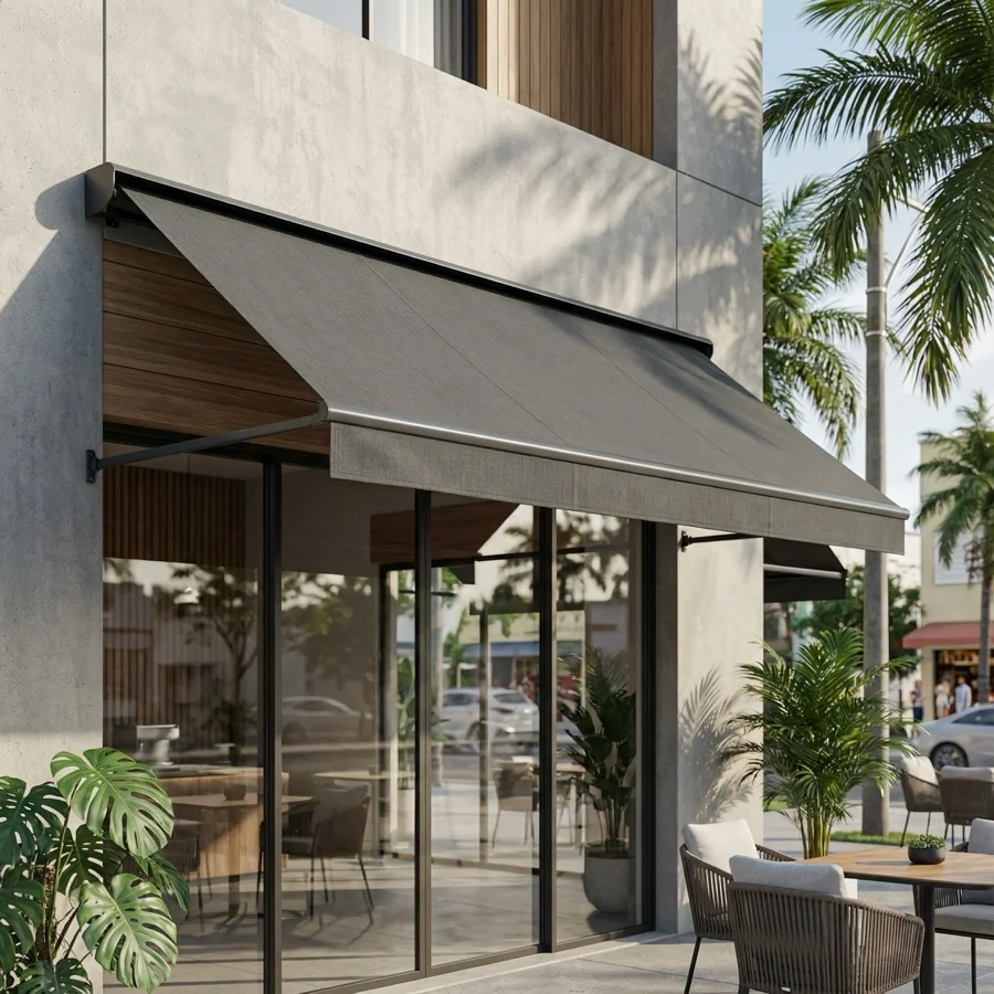 Toldo de Lona instalado em área externa com lona reforçada para proteção contra sol e chuva.