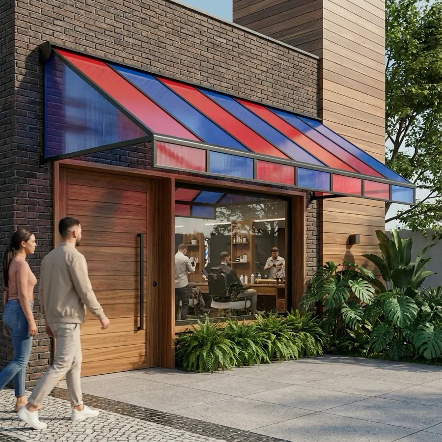 Toldo de Lona instalado em área externa com lona reforçada para proteção contra sol e chuva.