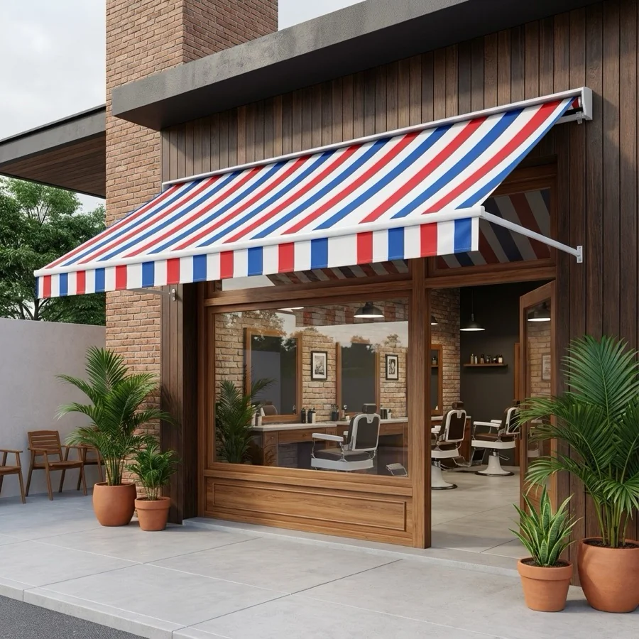 Toldo de Lona instalado em área externa com lona reforçada para proteção contra sol e chuva.