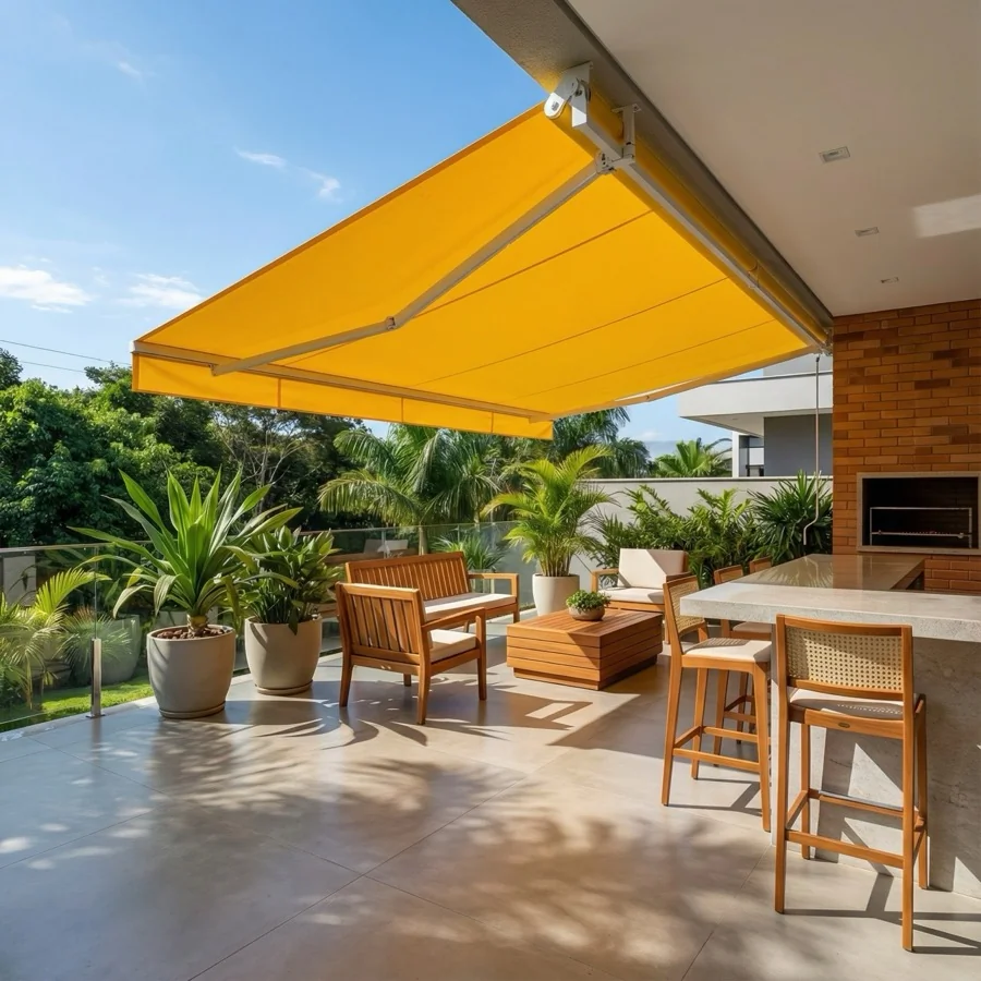 Toldo de Lona instalado em área externa com lona reforçada para proteção contra sol e chuva.